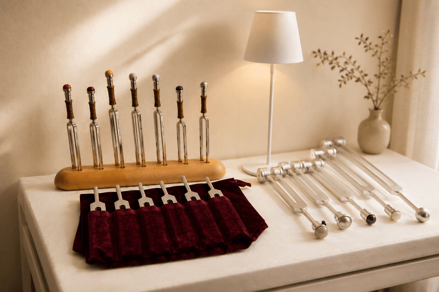 Ensemble de diapasons thérapeutiques disposés sur une table avec une lampe et un petit vase.